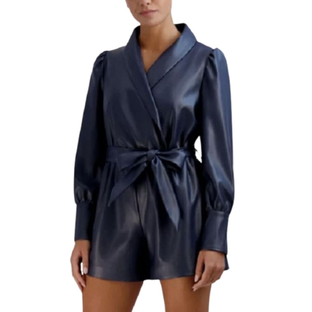 BCBGeneration Faux Leather Romper Small Navy Blue Puff Sleeves